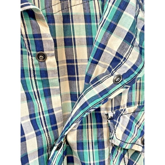 7 Diamonds Shirt Mens XXL Pearl Snap Short Sleeve Plaid Western Retro Green/Blue - Picture 11 of 15